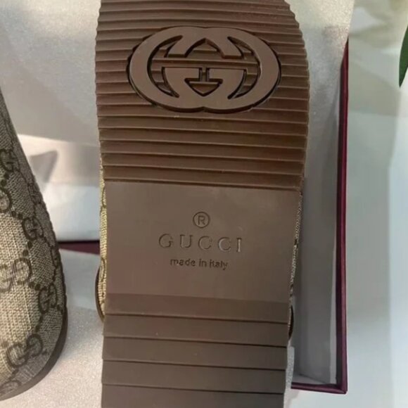 Gucci Brown Monogram Slides with Gold Accent - Picture 6 of 6